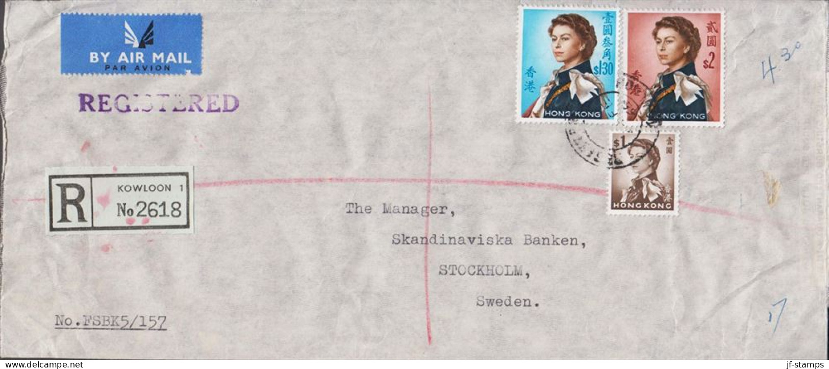 1965. HONG KONG. Registered Cover To Sweden With Elizabeth $ 1 And $ 1,30 + $ 2 Cancel... (Michel 206 + 207+) - JF531100 - Covers & Documents