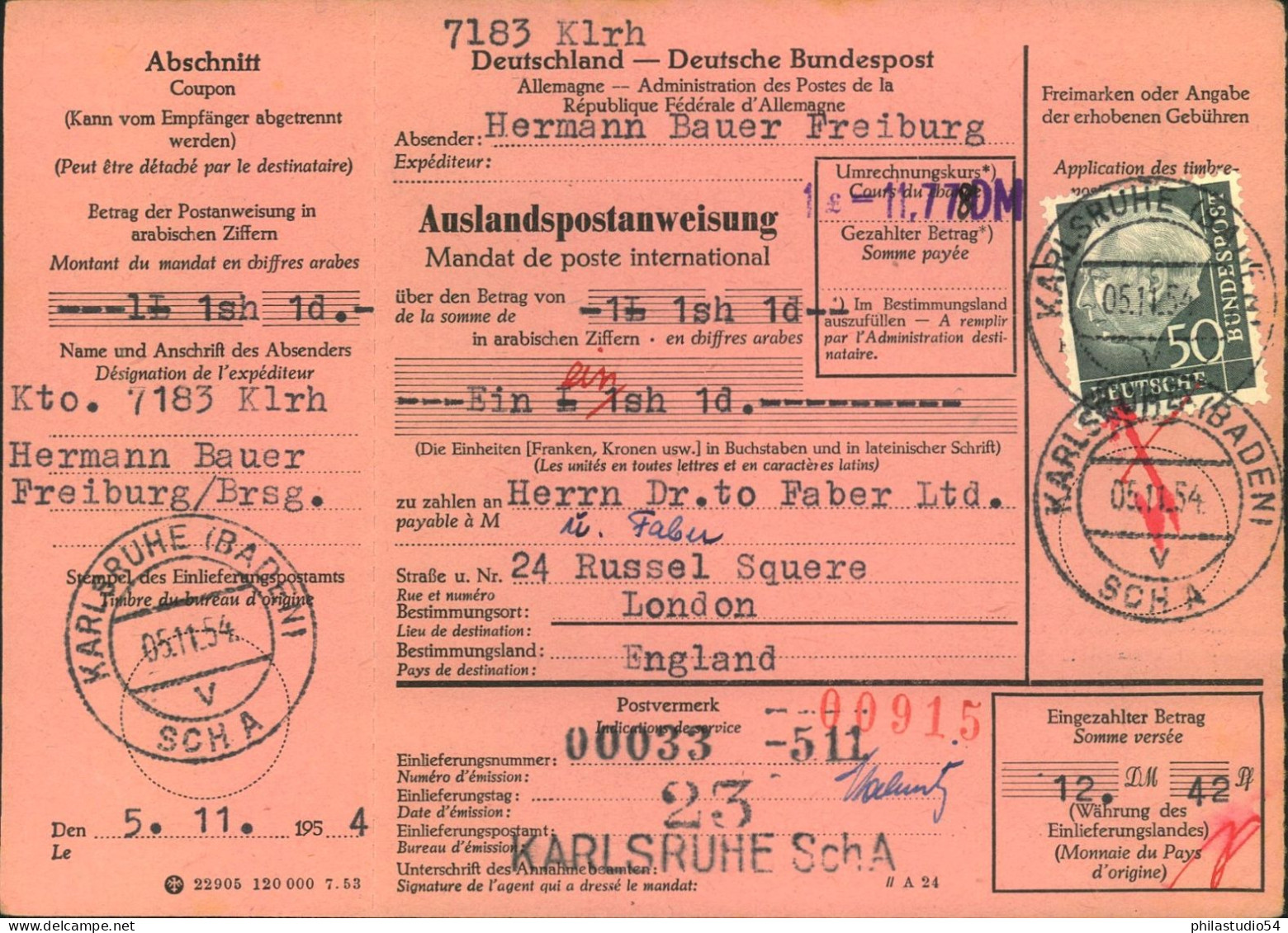 1954, 50 Pf. Heuss I Als EF Auf Kompletter Auslandspostanweisung Ab KARLSHUHE - Sonstige & Ohne Zuordnung