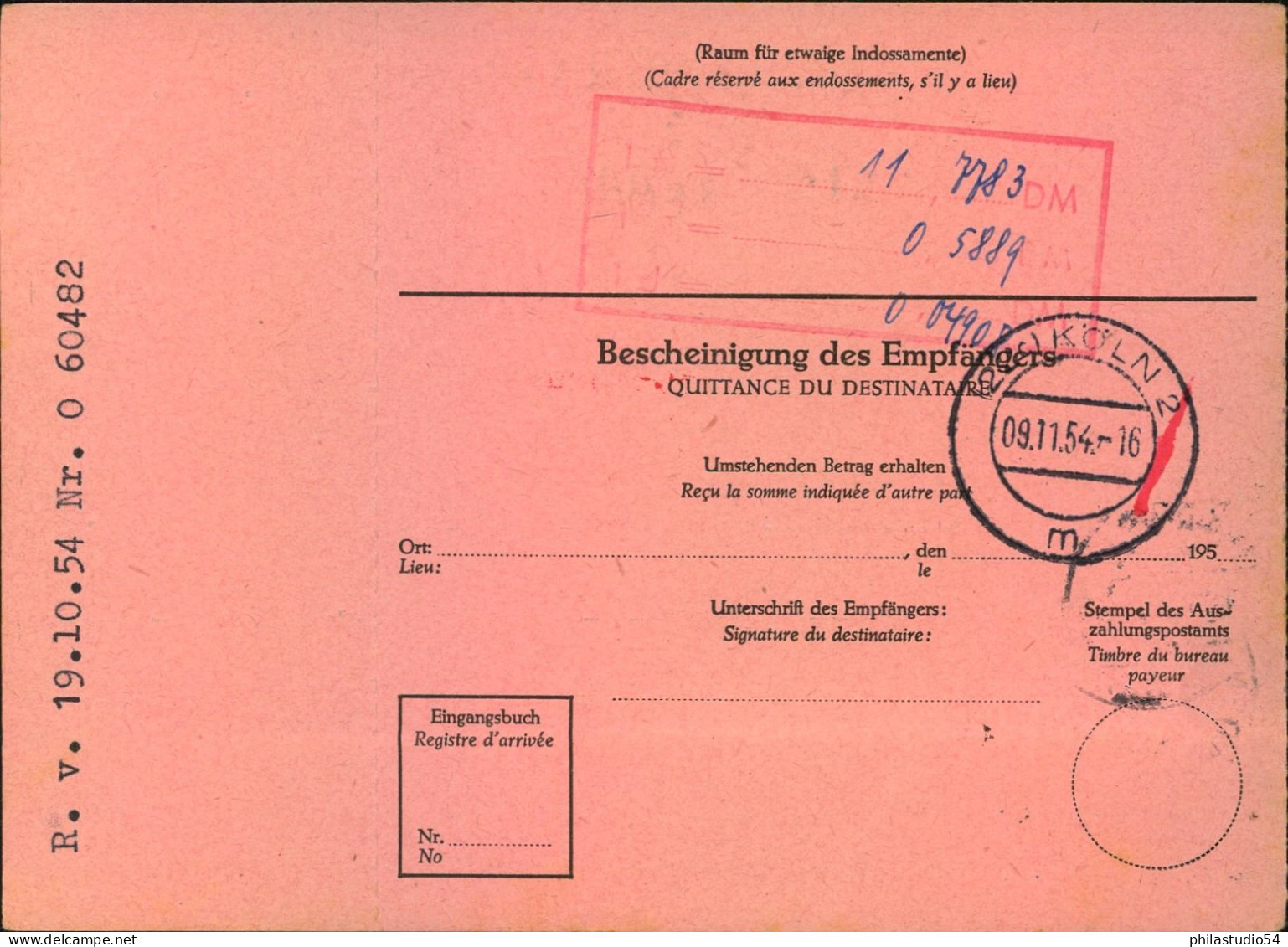 1954, 50 Pf. Heuss I Als EF Auf Kompletter Auslandspostanweisung Ab KARLSHUHE - Sonstige & Ohne Zuordnung