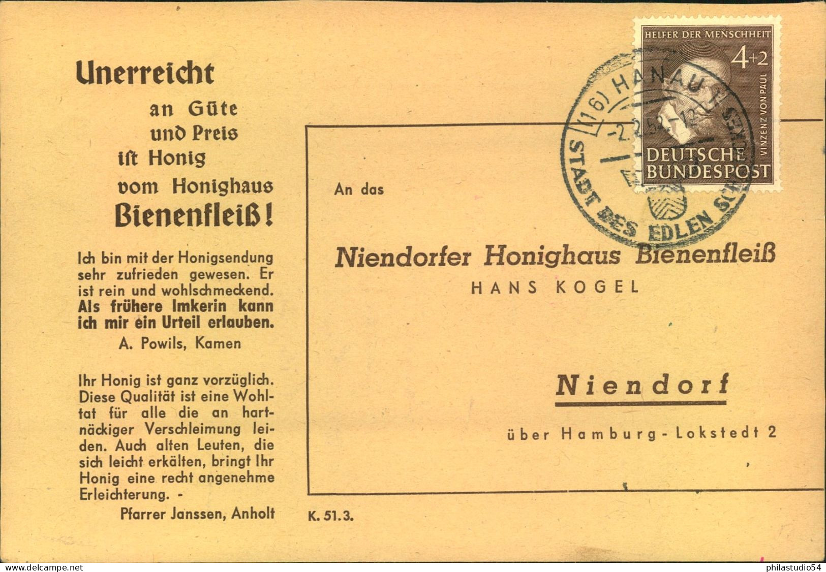 1951, 4 Pf. Wohlfahrt Als EF Auf Drucksachenkarte Ab HANAU. - Sonstige & Ohne Zuordnung