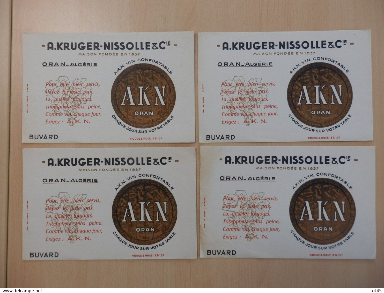 LOT DE 4 BUVARDS A. KRUGER-NISSOLLE & Cie VIN CONFORTABLE ORAN-ALGERIE - Liqueur & Bière