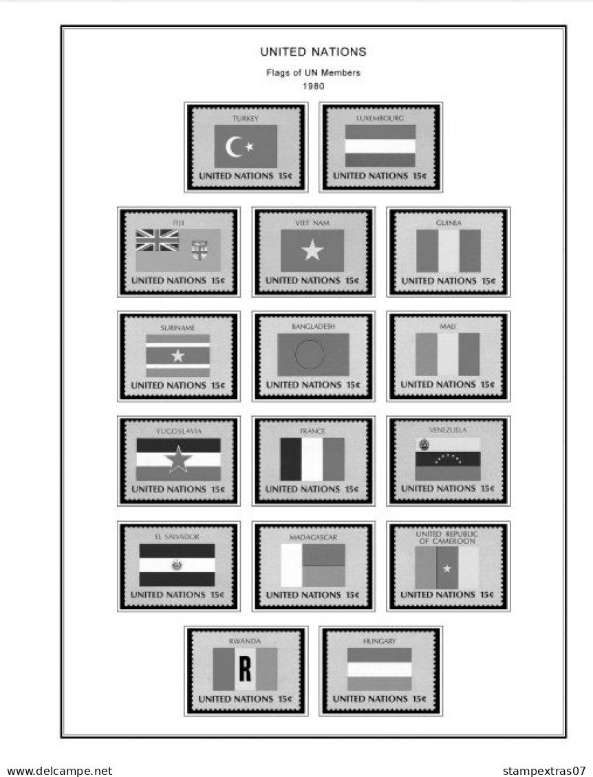 UNITED NATIONS - NEW YORK 1951-2020 STAMP ALBUM PAGES (229 b&w illustrated pages)