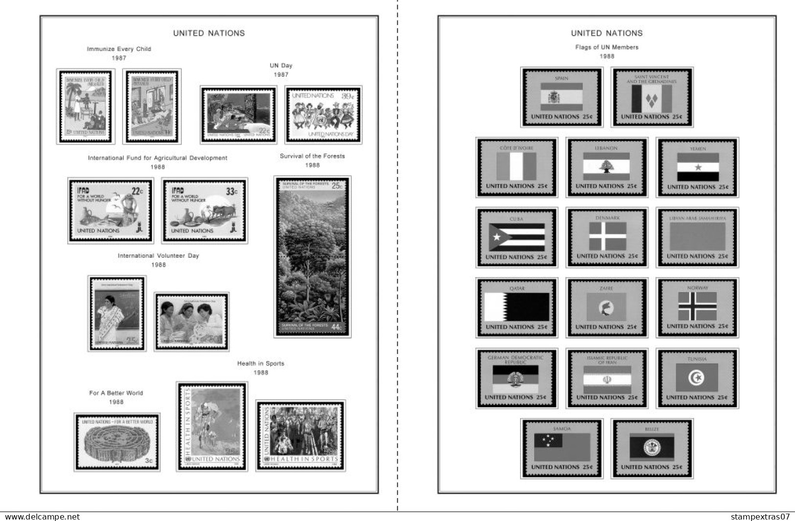 UNITED NATIONS - NEW YORK 1951-2020 STAMP ALBUM PAGES (229 b&w illustrated pages)