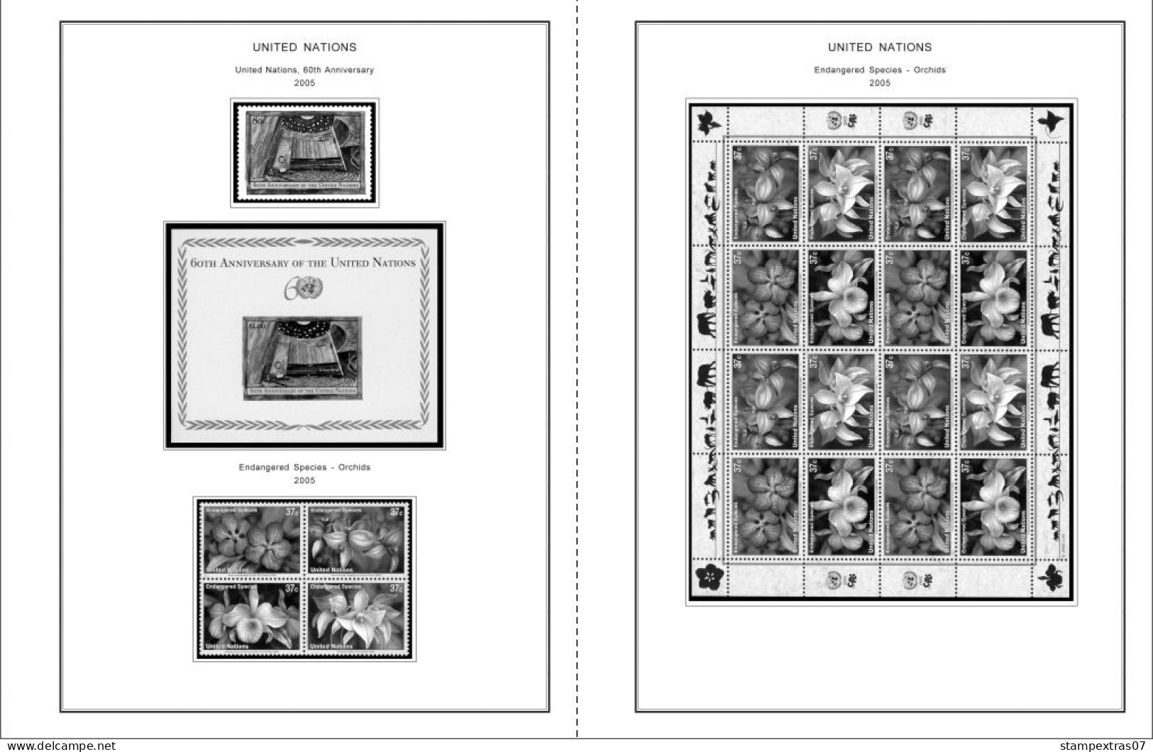 UNITED NATIONS - NEW YORK 1951-2020 STAMP ALBUM PAGES (229 b&w illustrated pages)