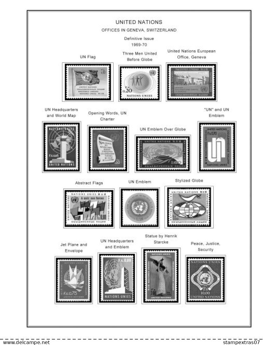 UNITED NATIONS - GENEVA 1969-2020 STAMP ALBUM PAGES (166 B&w Illustrated Pages) - Anglais