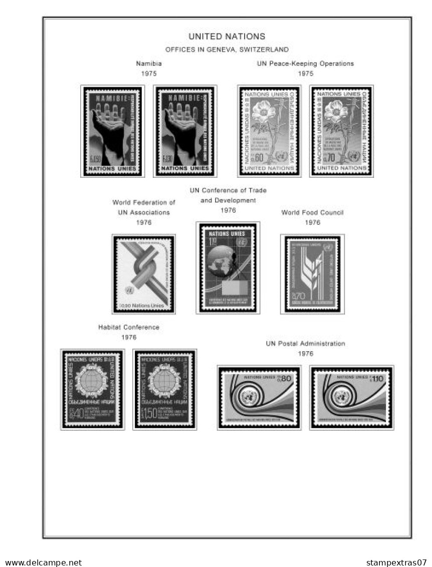 UNITED NATIONS - GENEVA 1969-2020 STAMP ALBUM PAGES (166 B&w Illustrated Pages) - English