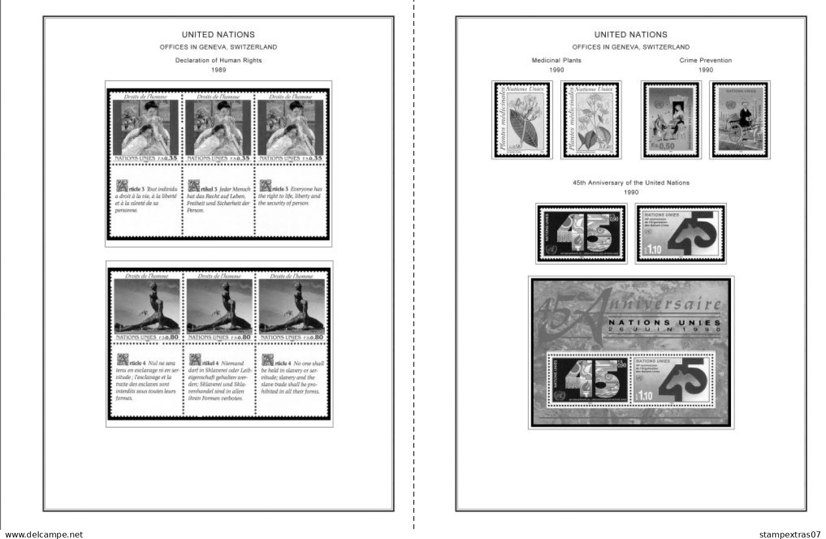 UNITED NATIONS - GENEVA 1969-2020 STAMP ALBUM PAGES (166 b&w illustrated pages)