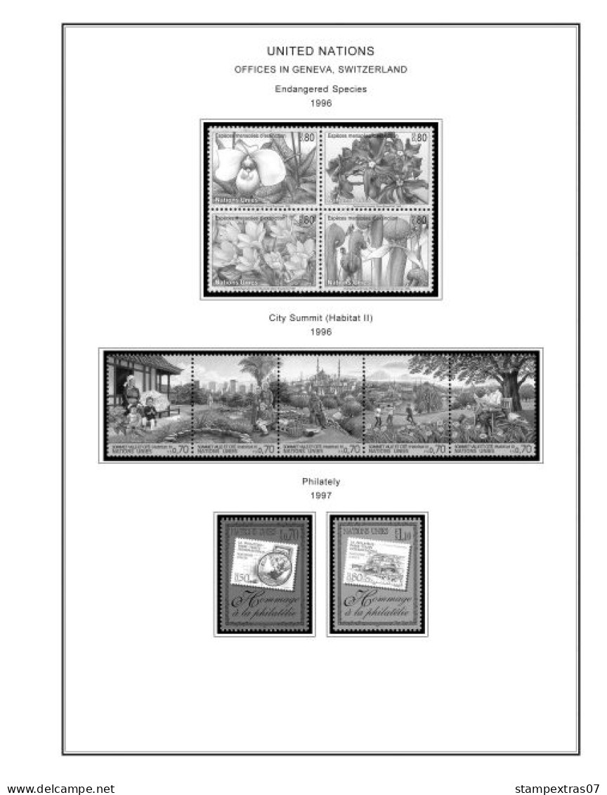 UNITED NATIONS - GENEVA 1969-2020 STAMP ALBUM PAGES (166 b&w illustrated pages)