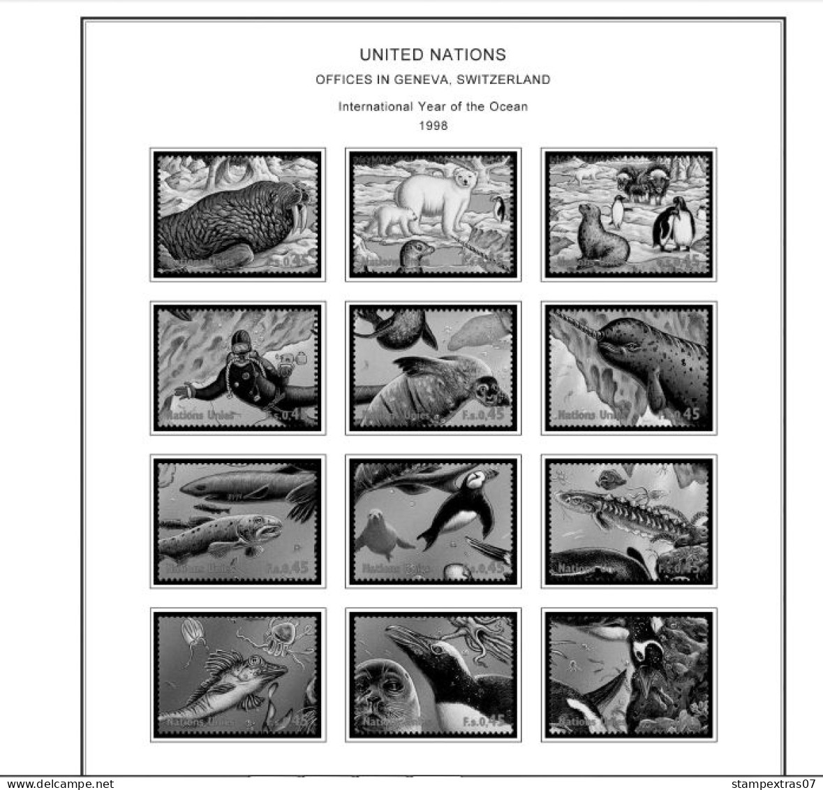 UNITED NATIONS - GENEVA 1969-2020 STAMP ALBUM PAGES (166 b&w illustrated pages)