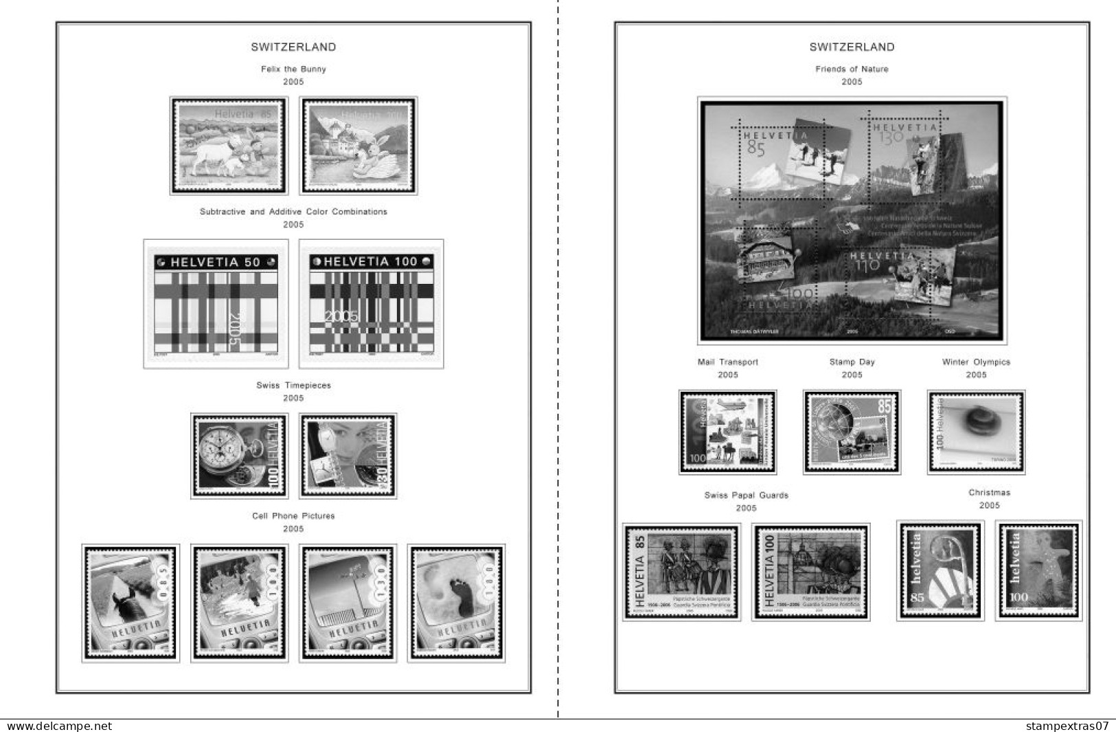 SWITZERLAND 1843-2010 + 2011-2020 STAMP ALBUM PAGES (277 b&w illustrated pages)