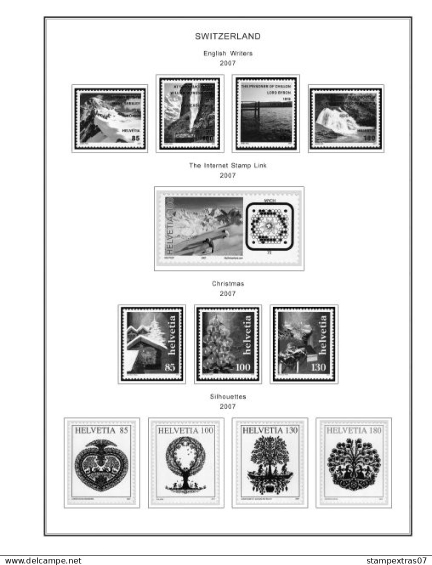 SWITZERLAND 1843-2010 + 2011-2020 STAMP ALBUM PAGES (277 b&w illustrated pages)