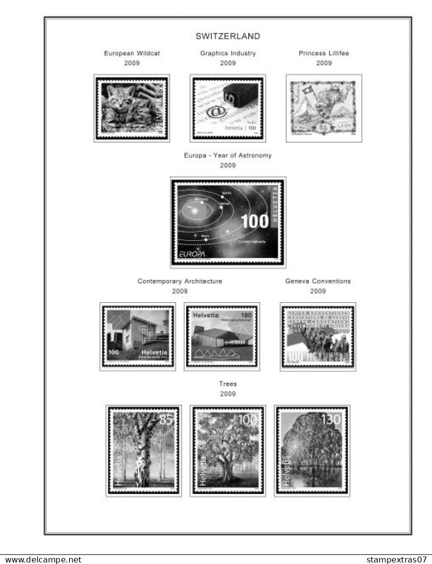 SWITZERLAND 1843-2010 + 2011-2020 STAMP ALBUM PAGES (277 b&w illustrated pages)