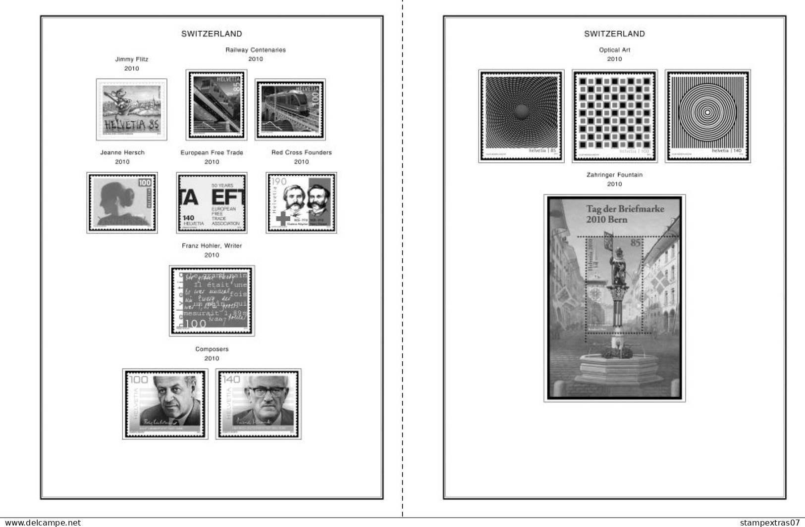 SWITZERLAND 1843-2010 + 2011-2020 STAMP ALBUM PAGES (277 b&w illustrated pages)