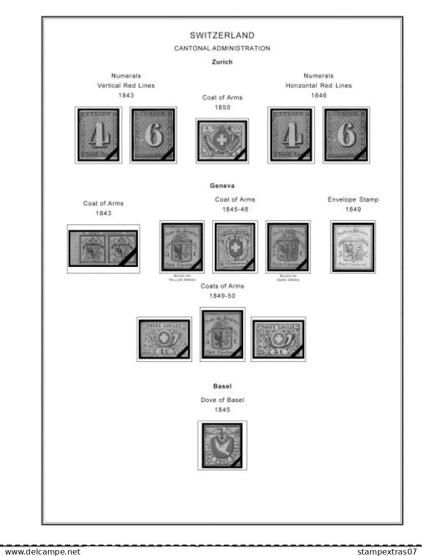 SWITZERLAND 1843-2010 + 2011-2020 STAMP ALBUM PAGES (277 b&w illustrated pages)