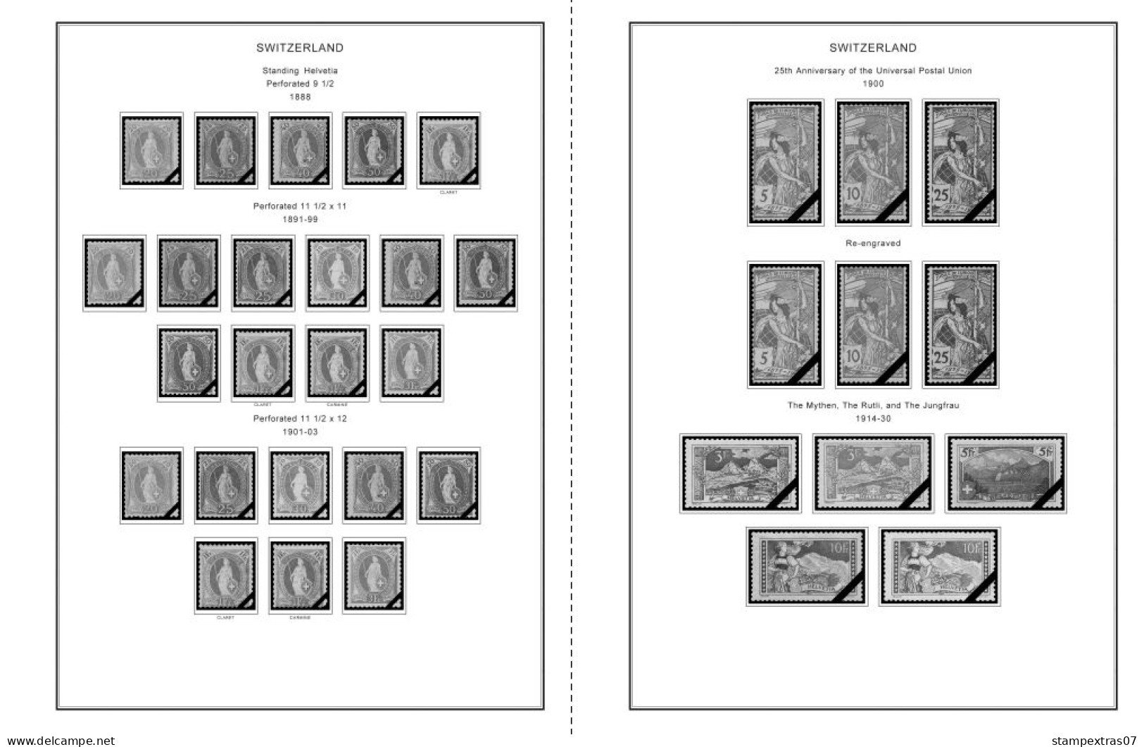 SWITZERLAND 1843-2010 + 2011-2020 STAMP ALBUM PAGES (277 b&w illustrated pages)