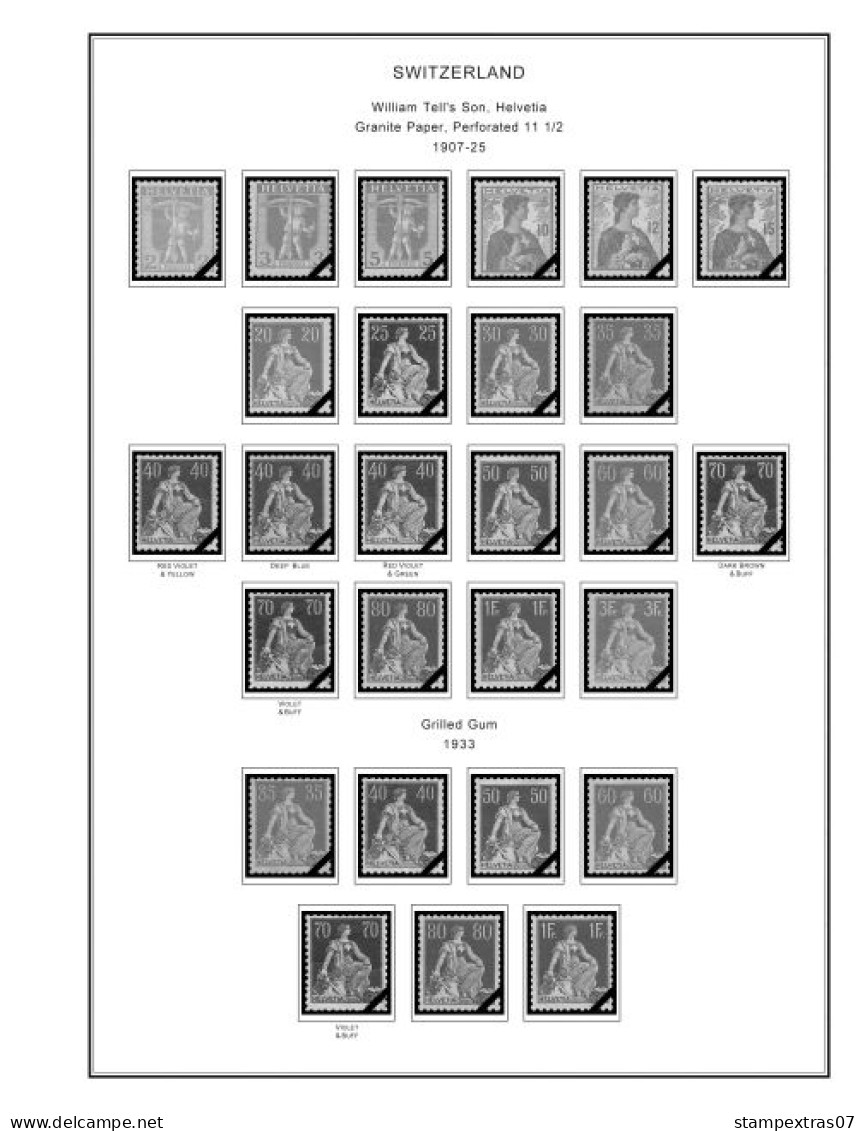 SWITZERLAND 1843-2010 + 2011-2020 STAMP ALBUM PAGES (277 b&w illustrated pages)