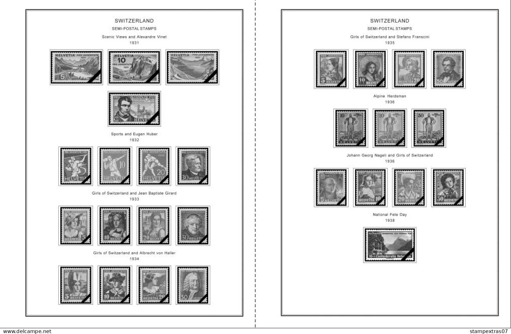 SWITZERLAND 1843-2010 + 2011-2020 STAMP ALBUM PAGES (277 b&w illustrated pages)