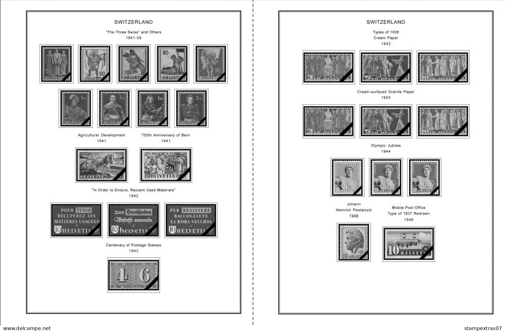 SWITZERLAND 1843-2010 + 2011-2020 STAMP ALBUM PAGES (277 b&w illustrated pages)