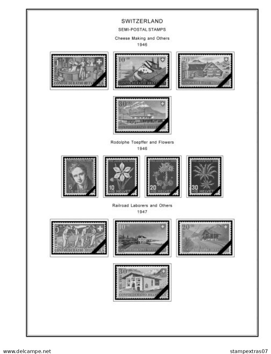 SWITZERLAND 1843-2010 + 2011-2020 STAMP ALBUM PAGES (277 b&w illustrated pages)