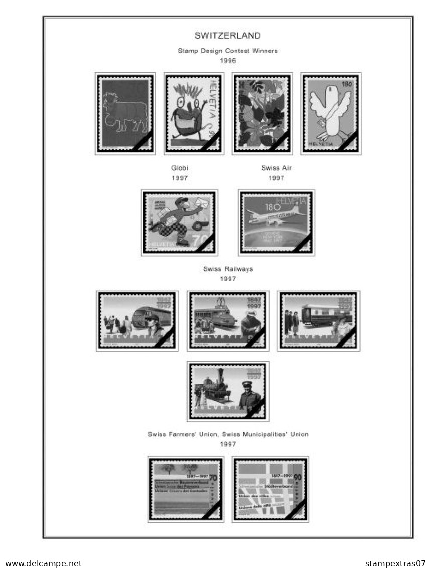 SWITZERLAND 1843-2010 + 2011-2020 STAMP ALBUM PAGES (277 b&w illustrated pages)