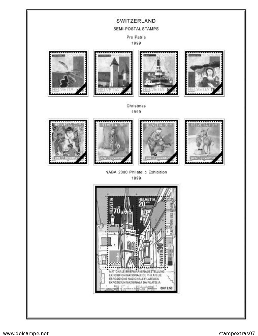 SWITZERLAND 1843-2010 + 2011-2020 STAMP ALBUM PAGES (277 b&w illustrated pages)