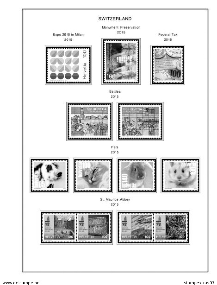 SWITZERLAND 1843-2010 + 2011-2020 STAMP ALBUM PAGES (277 b&w illustrated pages)