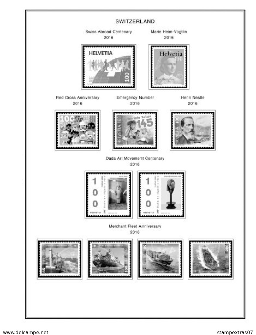 SWITZERLAND 1843-2010 + 2011-2020 STAMP ALBUM PAGES (277 b&w illustrated pages)