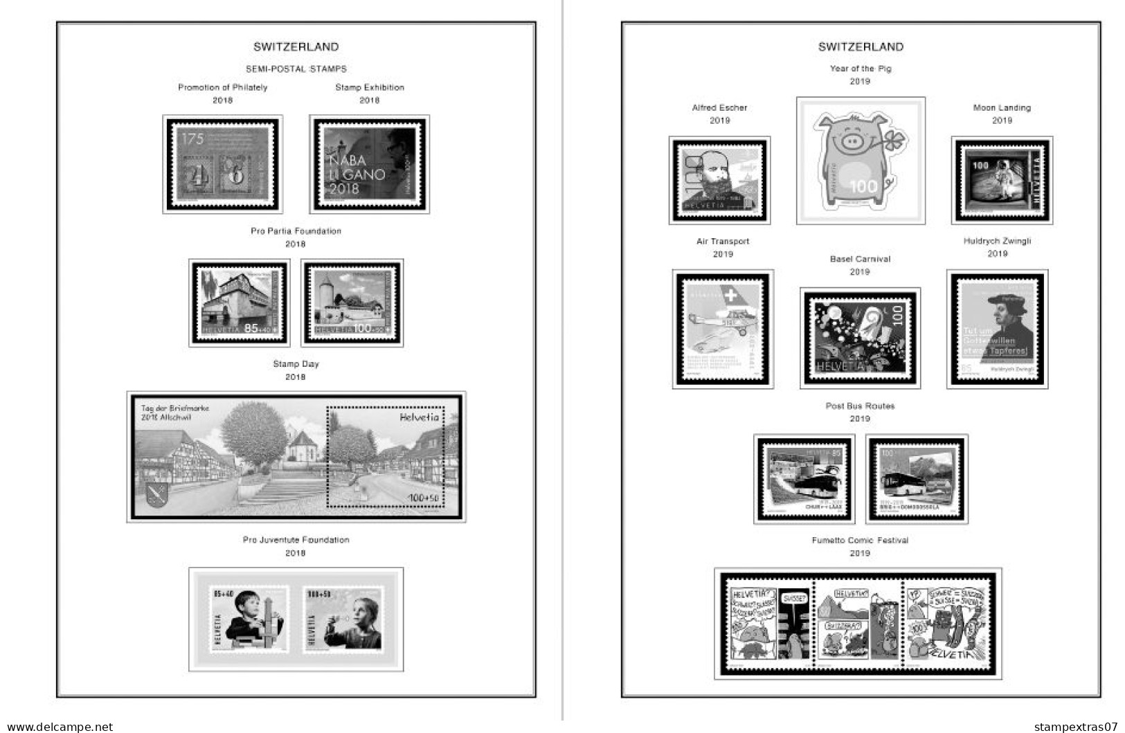 SWITZERLAND 1843-2010 + 2011-2020 STAMP ALBUM PAGES (277 b&w illustrated pages)