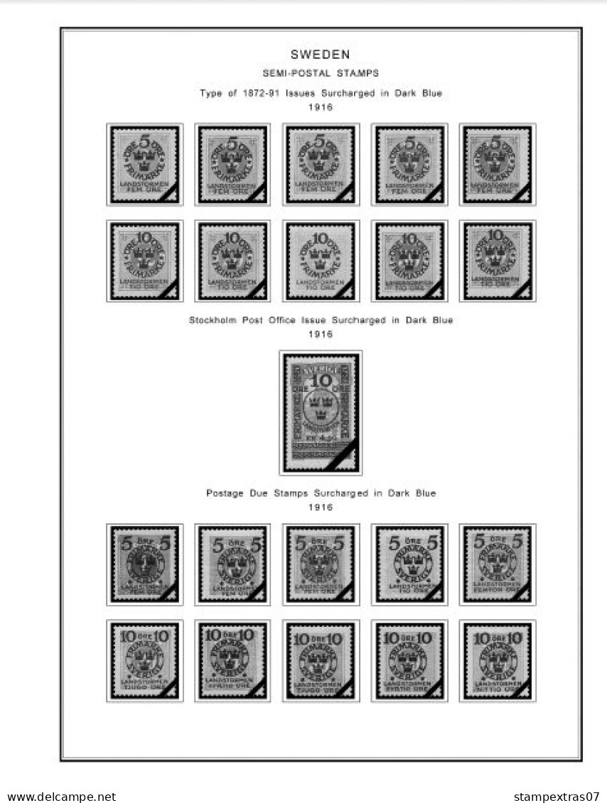 SWEDEN 1855-2010 STAMP ALBUM PAGES (264 b&w illustrated pages)