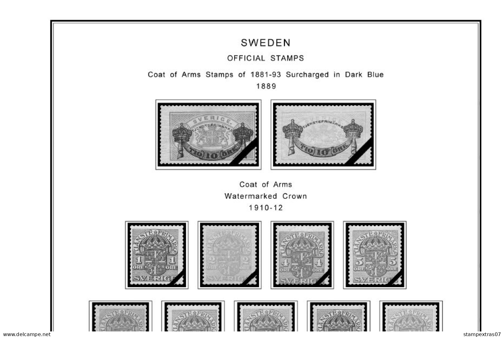 SWEDEN 1855-2010 STAMP ALBUM PAGES (264 b&w illustrated pages)