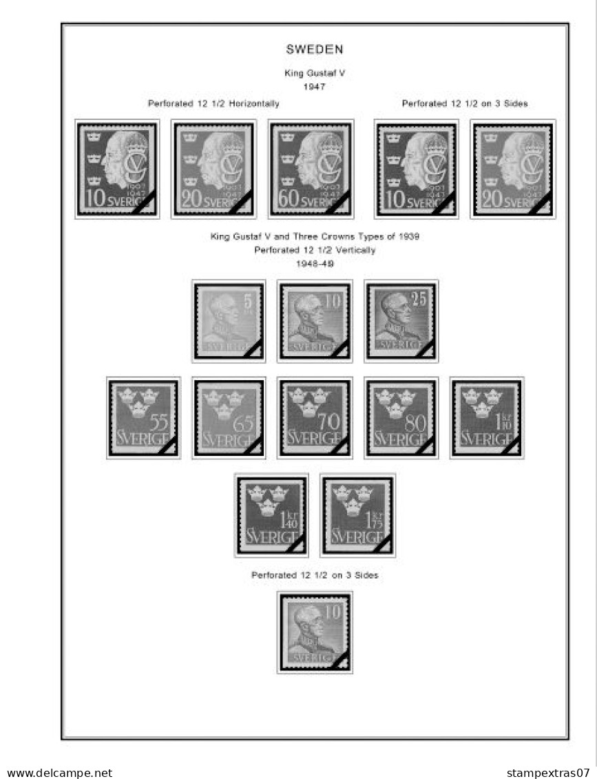SWEDEN 1855-2010 STAMP ALBUM PAGES (264 b&w illustrated pages)
