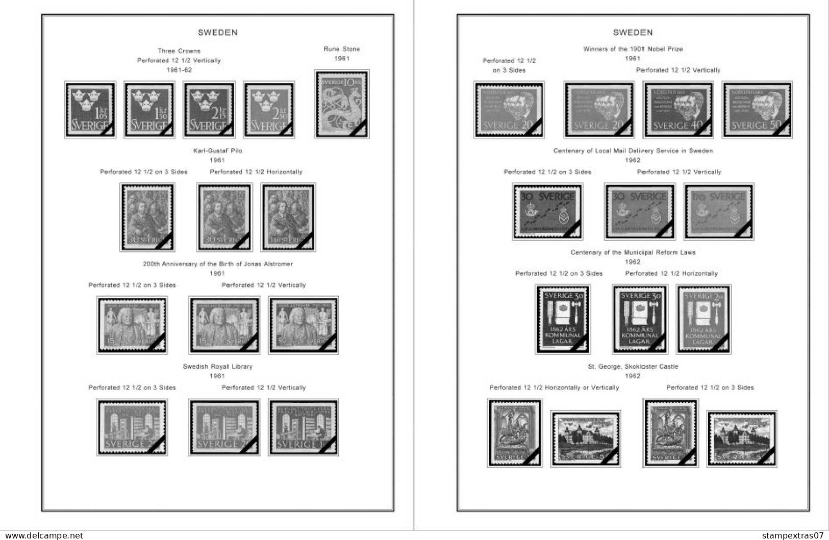 SWEDEN 1855-2010 STAMP ALBUM PAGES (264 b&w illustrated pages)