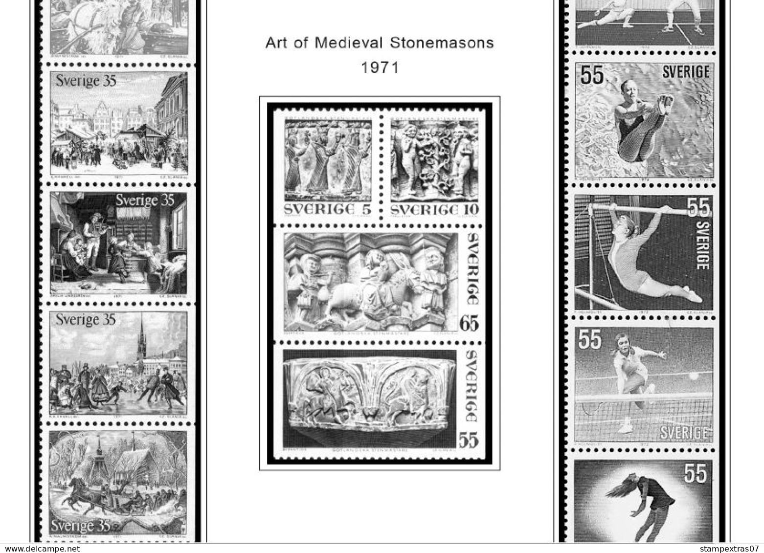 SWEDEN 1855-2010 STAMP ALBUM PAGES (264 b&w illustrated pages)