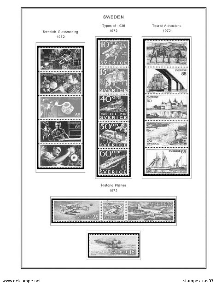 SWEDEN 1855-2010 STAMP ALBUM PAGES (264 b&w illustrated pages)