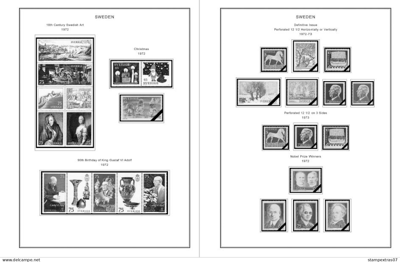 SWEDEN 1855-2010 STAMP ALBUM PAGES (264 b&w illustrated pages)