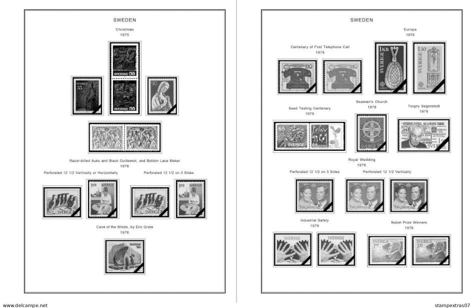 SWEDEN 1855-2010 STAMP ALBUM PAGES (264 b&w illustrated pages)