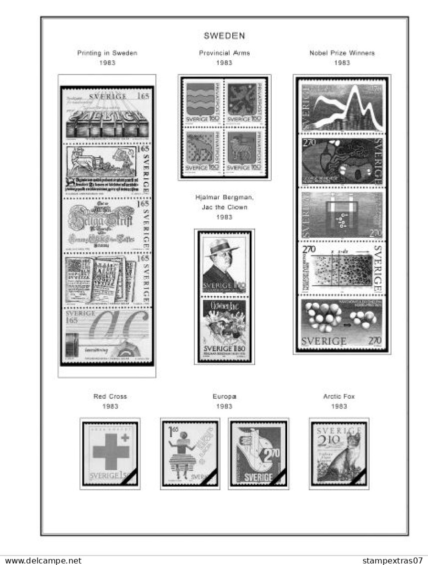 SWEDEN 1855-2010 STAMP ALBUM PAGES (264 b&w illustrated pages)