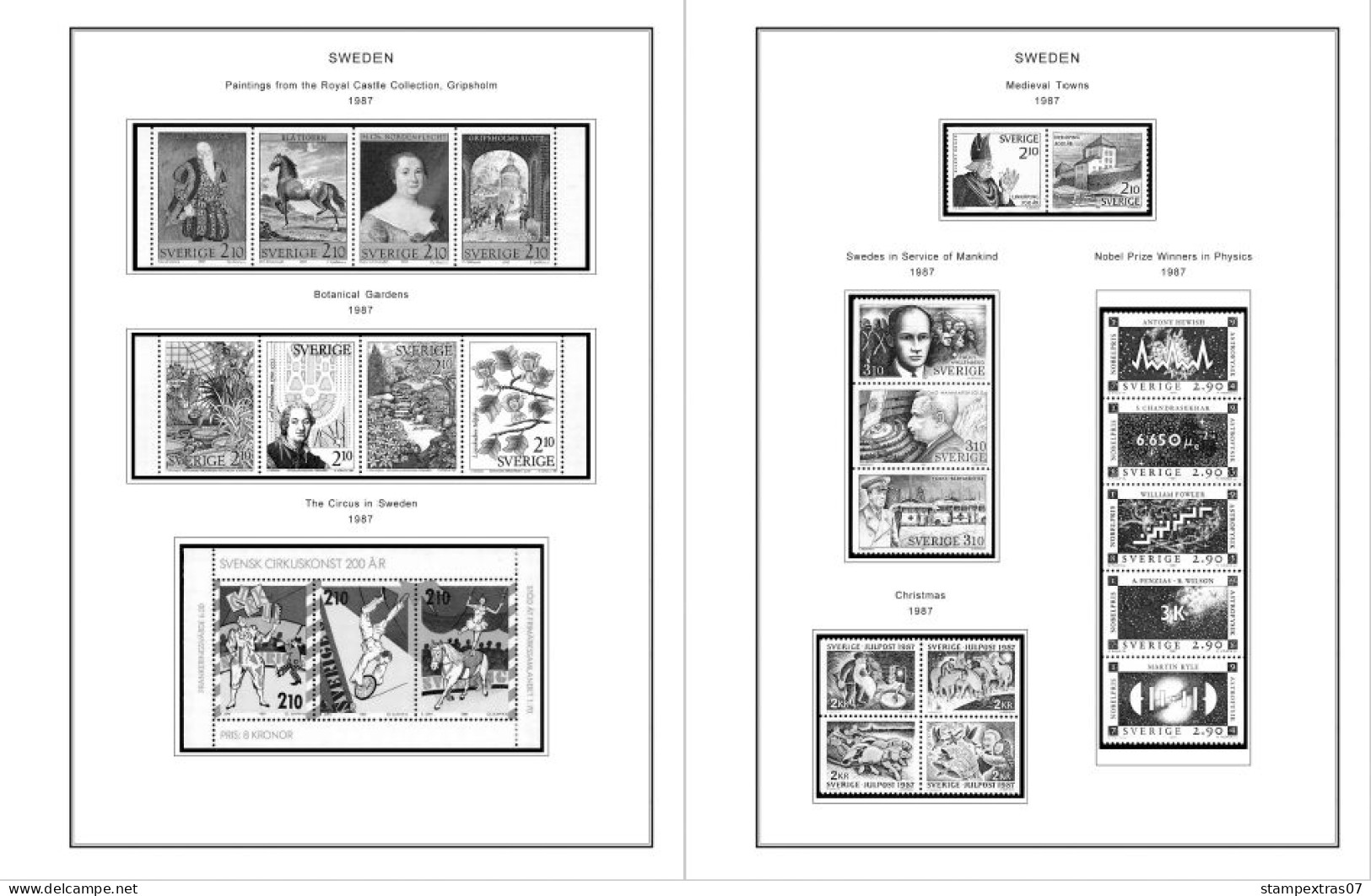 SWEDEN 1855-2010 STAMP ALBUM PAGES (264 b&w illustrated pages)