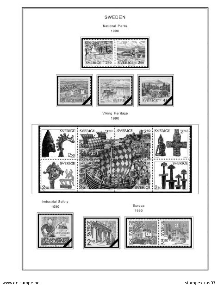 SWEDEN 1855-2010 STAMP ALBUM PAGES (264 b&w illustrated pages)