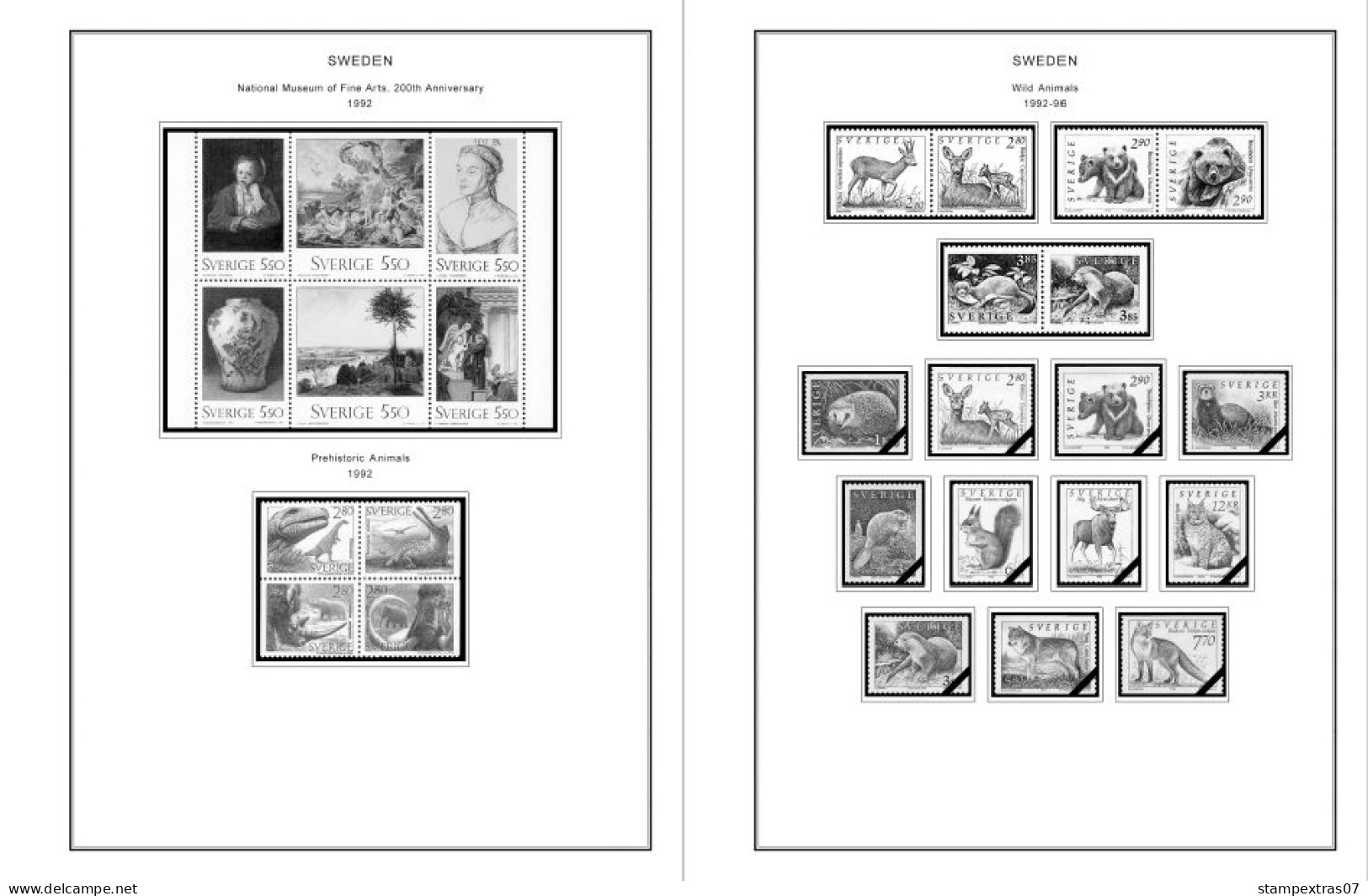 SWEDEN 1855-2010 STAMP ALBUM PAGES (264 b&w illustrated pages)