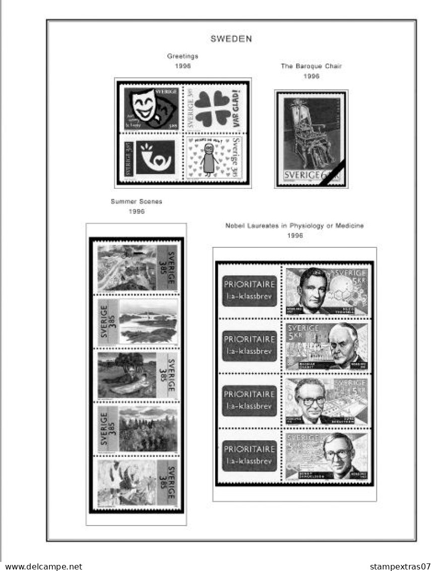 SWEDEN 1855-2010 STAMP ALBUM PAGES (264 b&w illustrated pages)