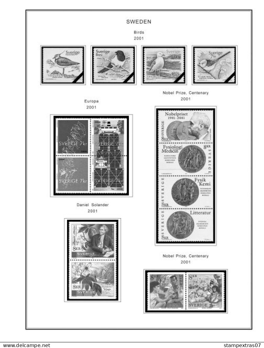 SWEDEN 1855-2010 STAMP ALBUM PAGES (264 b&w illustrated pages)