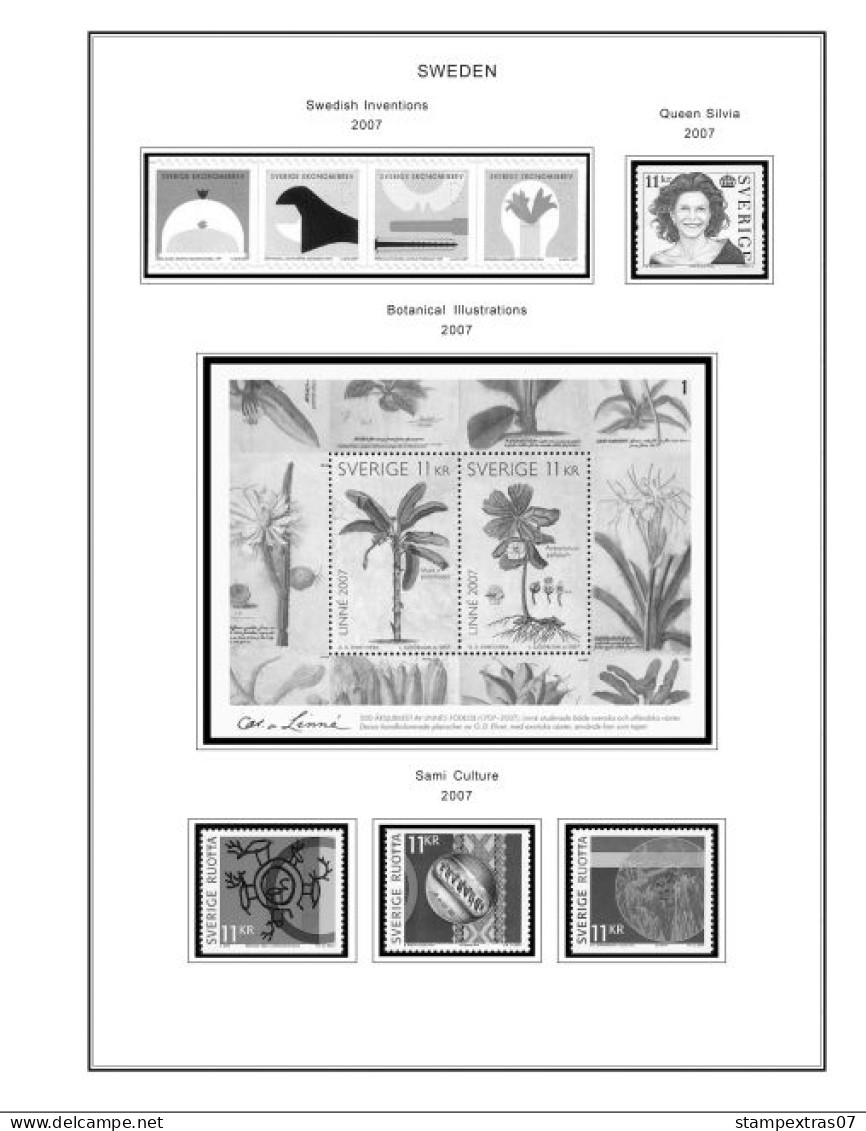 SWEDEN 1855-2010 STAMP ALBUM PAGES (264 b&w illustrated pages)