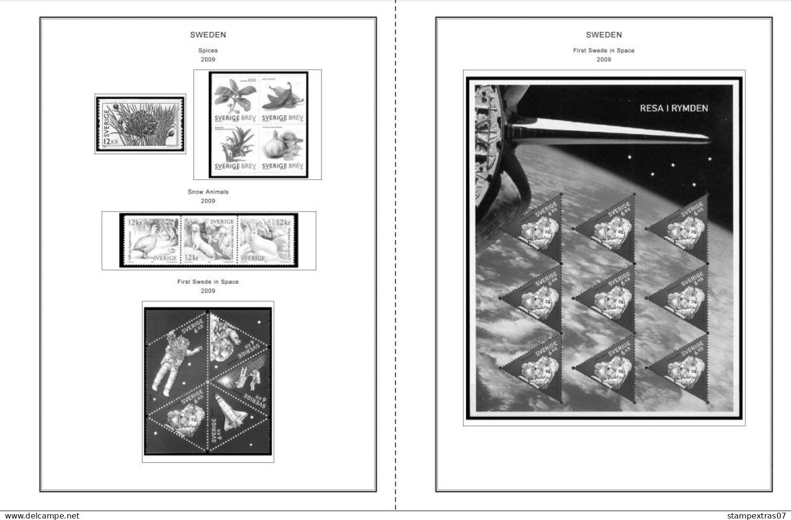 SWEDEN 1855-2010 STAMP ALBUM PAGES (264 b&w illustrated pages)