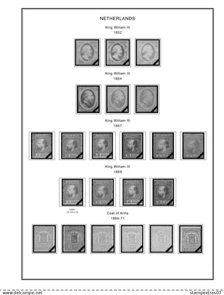 NETHERLANDS 1852-2010 + 2011-2020 STAMP ALBUM PAGES (474 B&w Illustrated Pages) - English