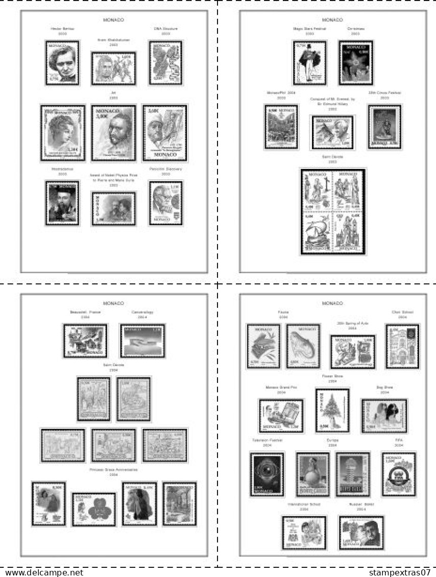 MONACO 1855-2010 + 2011-2020 STAMP ALBUM PAGES (409 b&w illustrated pages)