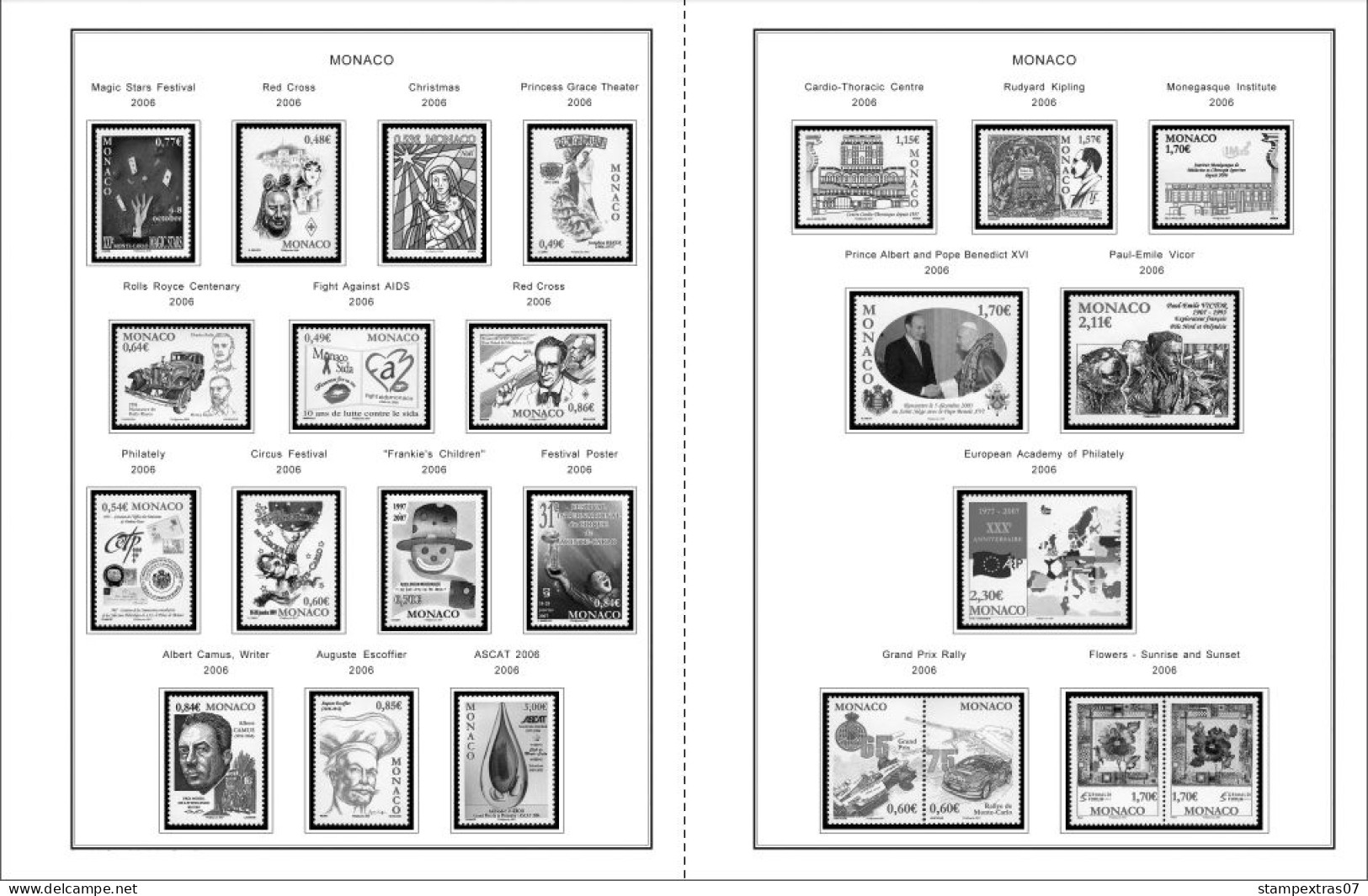 MONACO 1855-2010 + 2011-2020 STAMP ALBUM PAGES (409 b&w illustrated pages)