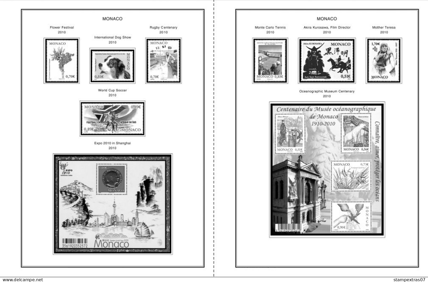 MONACO 1855-2010 + 2011-2020 STAMP ALBUM PAGES (409 b&w illustrated pages)