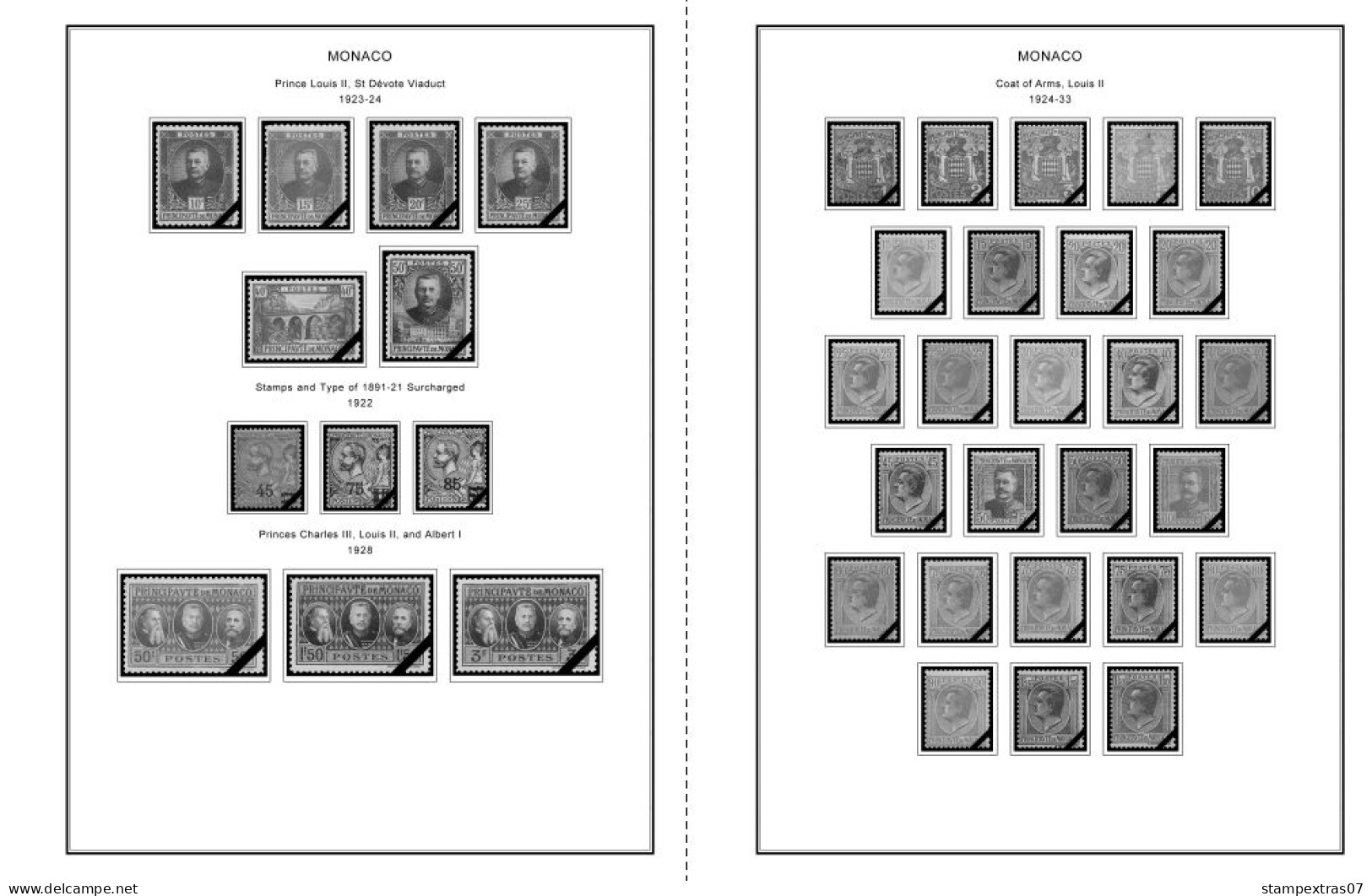 MONACO 1855-2010 + 2011-2020 STAMP ALBUM PAGES (409 b&w illustrated pages)