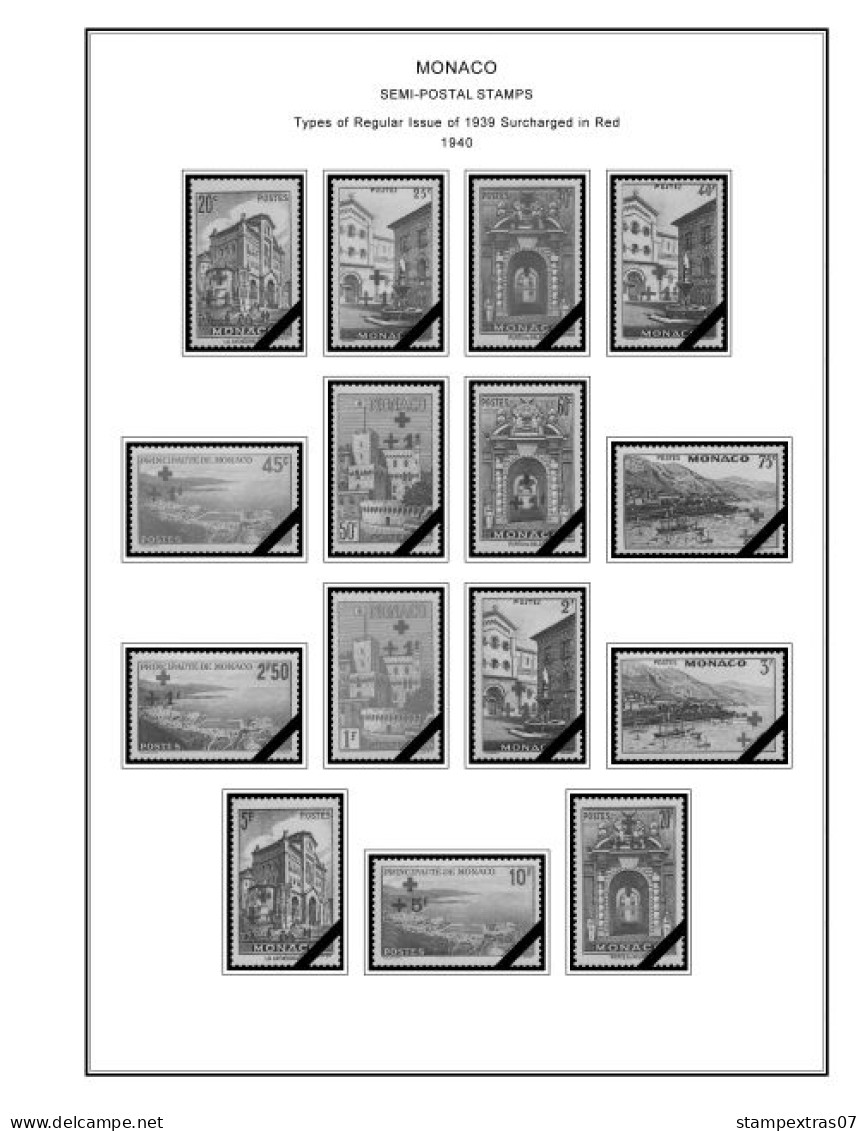 MONACO 1855-2010 + 2011-2020 STAMP ALBUM PAGES (409 b&w illustrated pages)